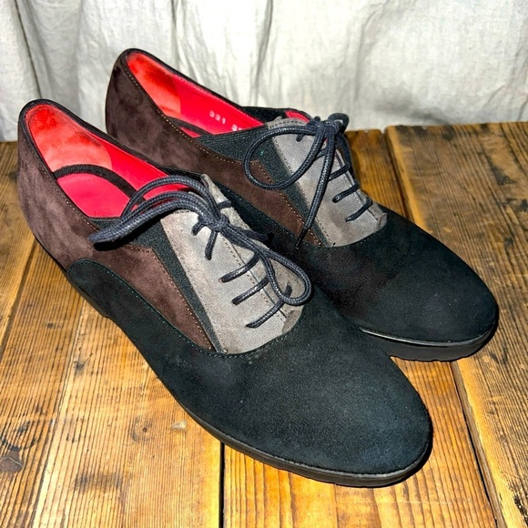 Pas De Rouge Oxfords Loafers Shoes Suede Black Brown Colorblocked Lace Up Size 6 - Picture 1 of 10